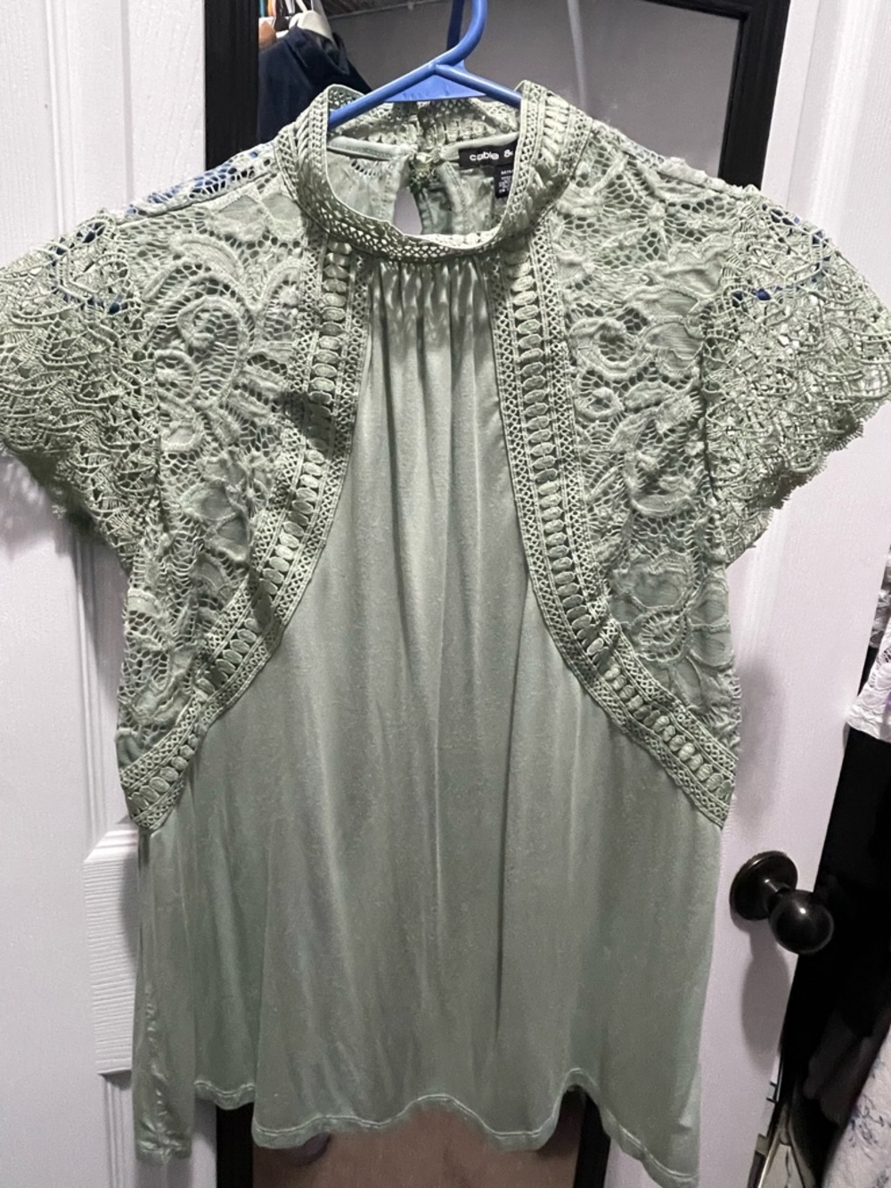 Cable & Gauge Sage Green Crochet Yoke Short Sleeve Blouse